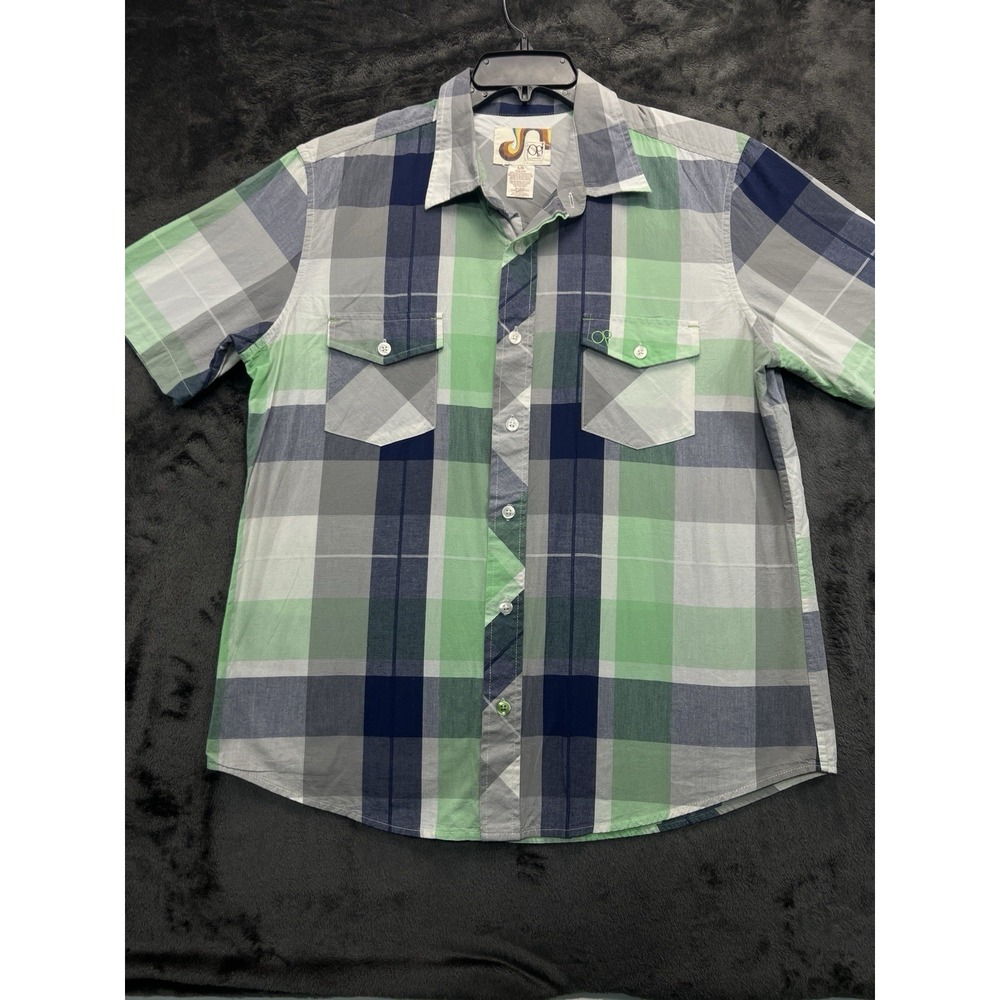 OP Men's L 42/44 Plaid Button Up Shirt Green Blue Cotton Short Sleeve‎